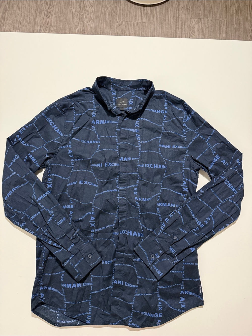 Armani Exchange Navy Button-Down Shirt with Light Blue Logo Print Sz M